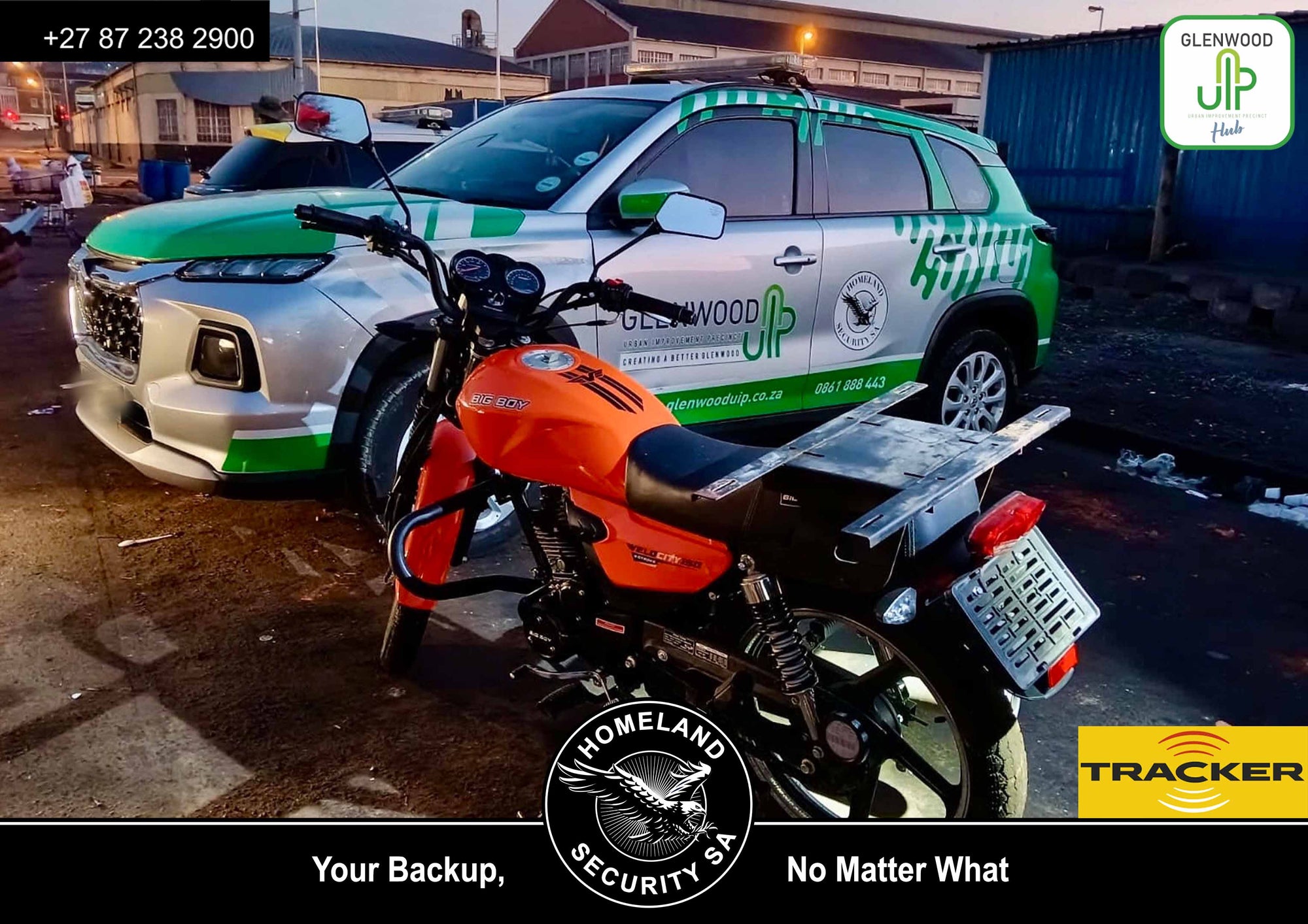 Recovered motorbike with Tracker Connect on scene — Homeland Security SA, Congella, Durban